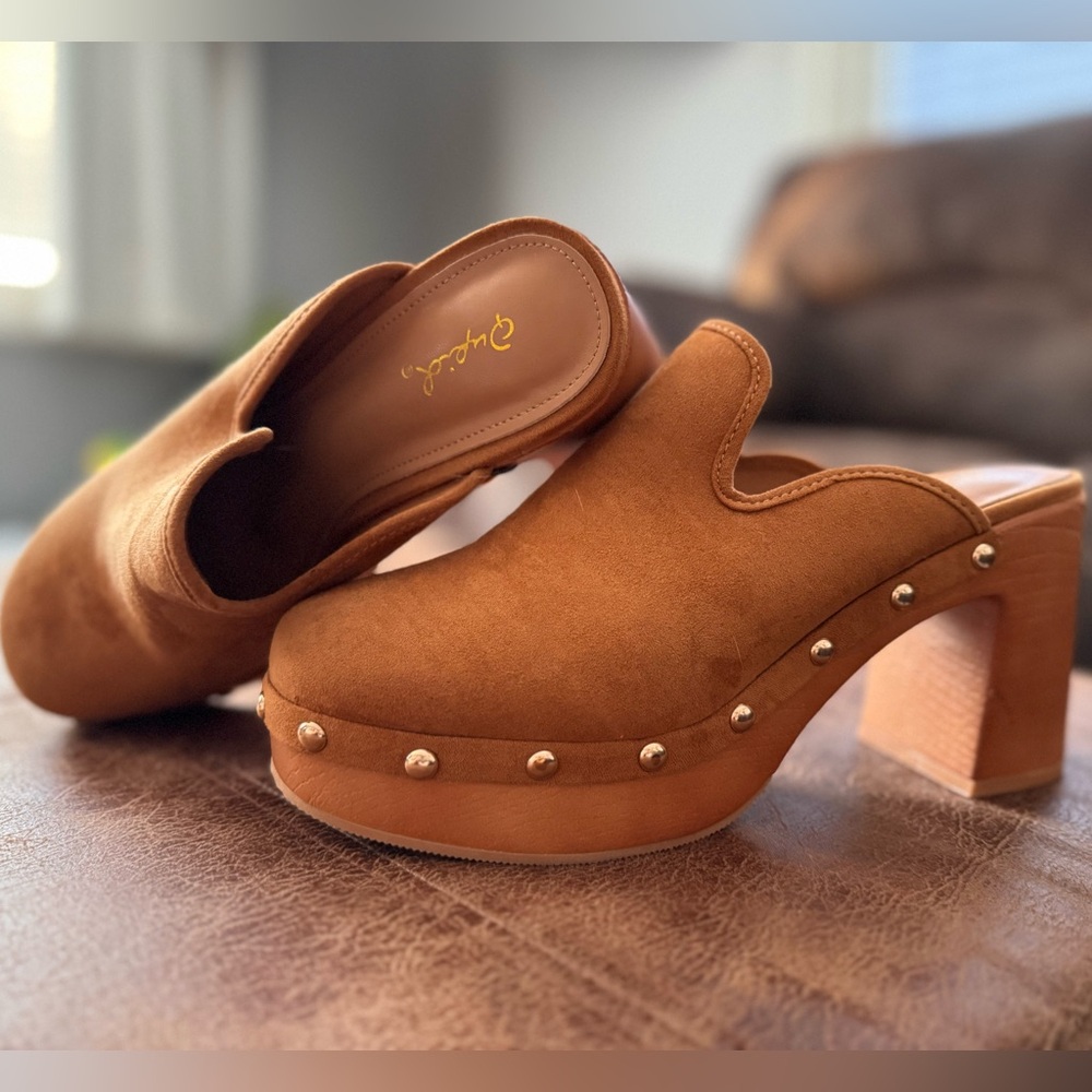 Never Worn Brown Suede Clogs with Gold Accents
